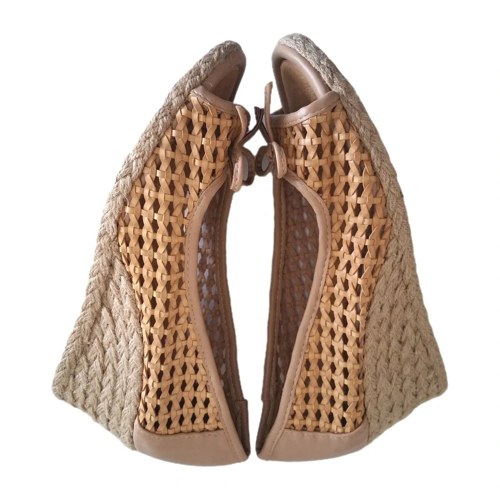 Adrienne Vittadini Wedge Espadrille Peep Toe Pumps 7.5 M Beige Boho Style Shoes